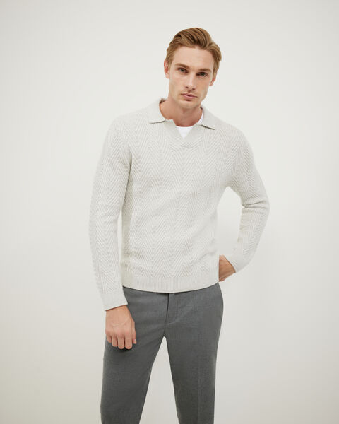 Herringbone Long Sleeve Trophy Neck Knit, Grey Marle, hi-res